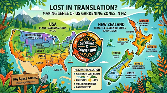 Infographic image of American growing zones vs New Zealand growing zones. NZ gardening. When should 5 plant tomatoes? 